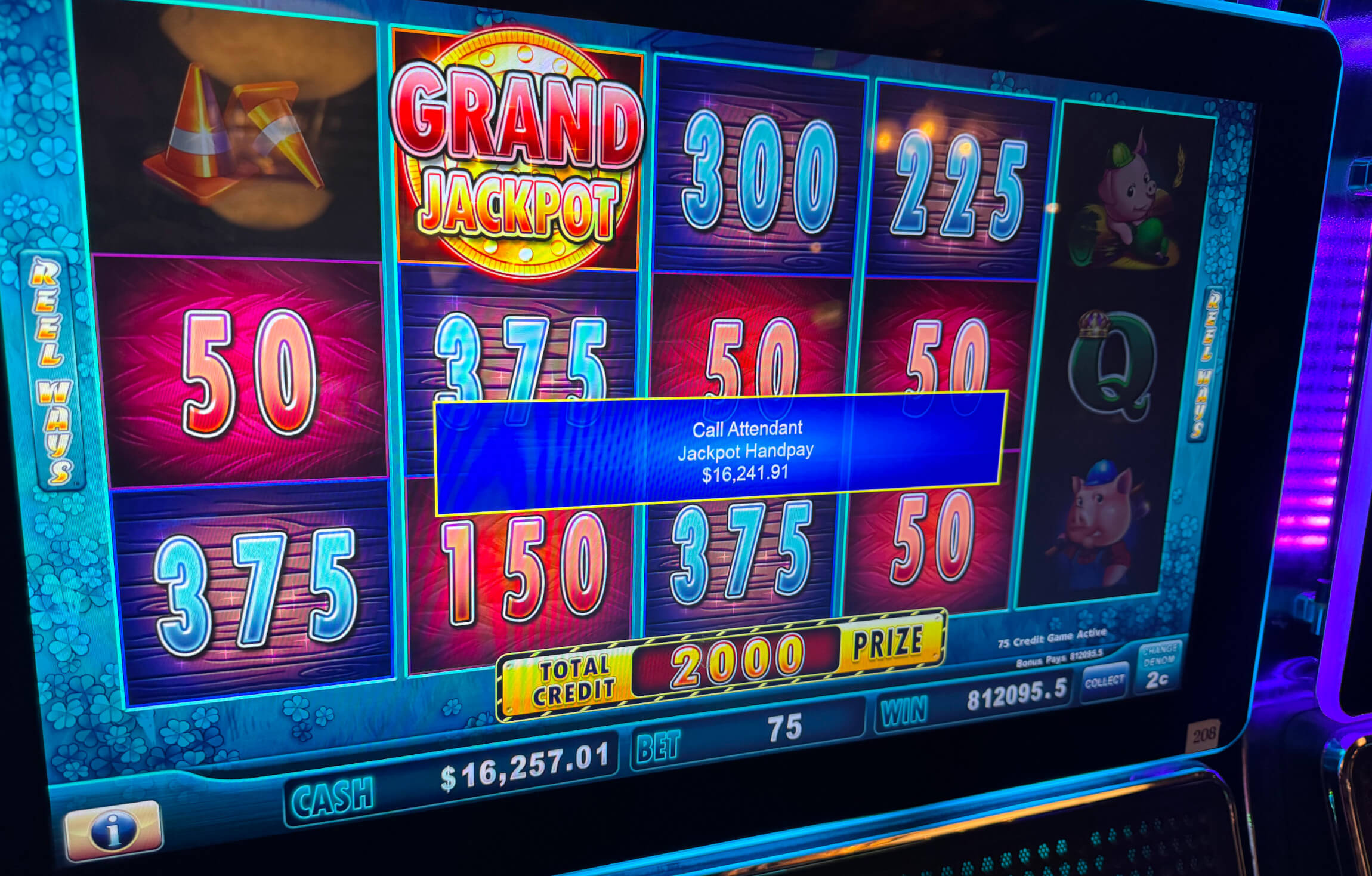 Slot machine with a large jackpot won on site at the Mizpah Club